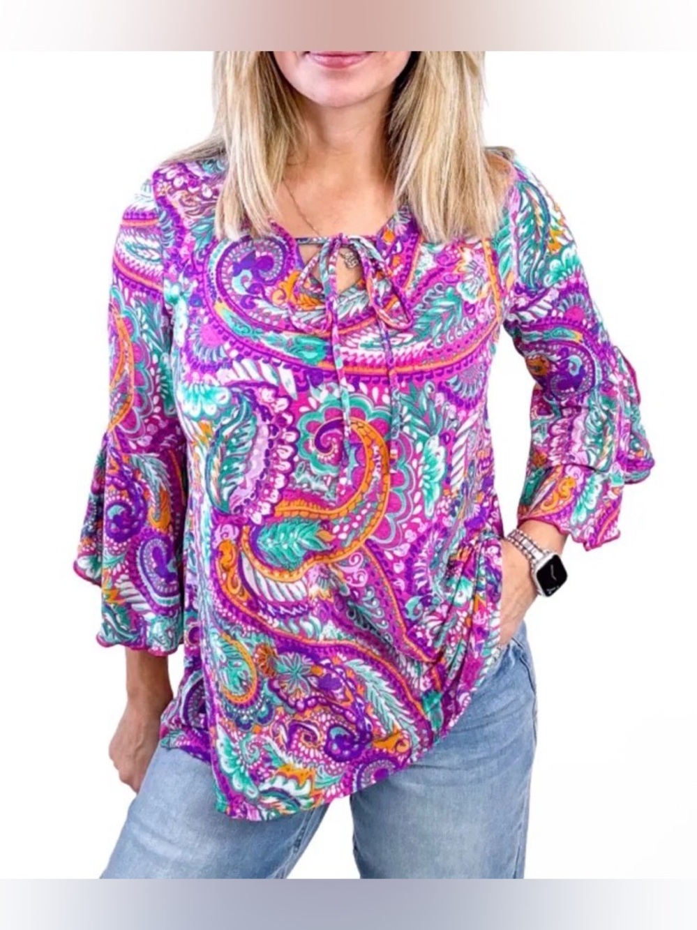 Dear Scarlett Blouse Willow Bell Sleeve Top in Lavender Mint Paisley Size Small